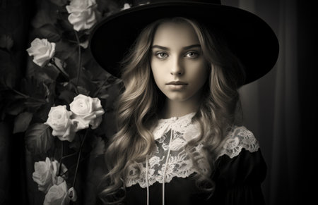Portrait of a beautiful girl in a black hat with roses. Black and white.の素材