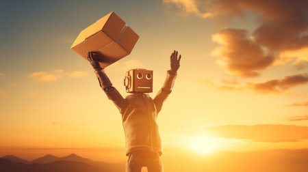 Digital composite of Man with cardboard box against orange and blue sky over mountainsの素材
