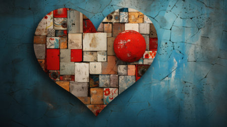 Old grunge background with a heart and a red ball in itの素材