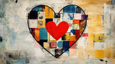 Heart shape on the background of a collage of photos of different colorsの素材