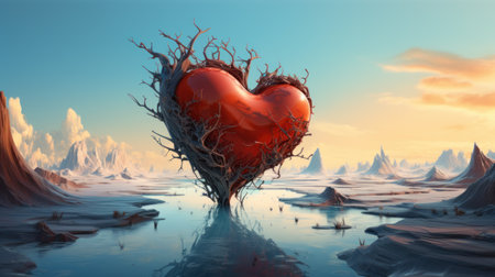 Red heart on the background of the landscape. 3D illustration.の素材