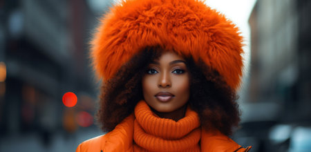 Fashionable african american woman with afro hairstyle in orange winter coat and fur hat.の素材