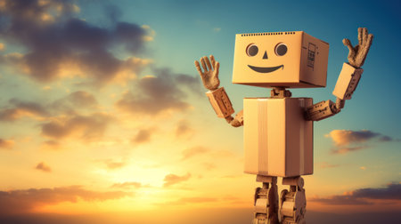 3d rendering of a robot with smiley face against cloudy skyの素材