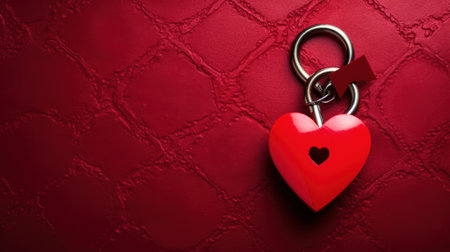 Red heart shaped padlock on a red leather background. Valentines day conceptの素材