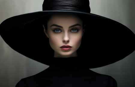 Portrait of a beautiful young woman in black hat. Fashion photoの素材