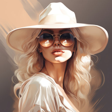 Fashionable blonde woman in white hat and sunglasses. Beauty, fashion.の素材