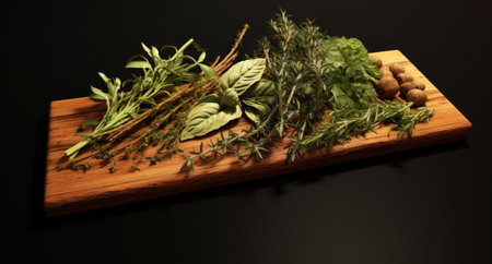 Herbs and spices on a wooden board on a black background.の素材