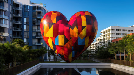 Colorful heart shaped balloon in the shape of a heart in the cityの素材