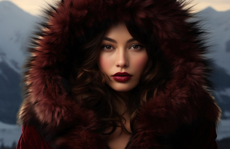 Beautiful young woman in red fur coat on snowy mountains background.の素材