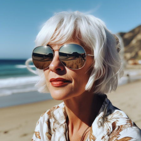 Portrait of a beautiful woman with short white hair on the beachの素材