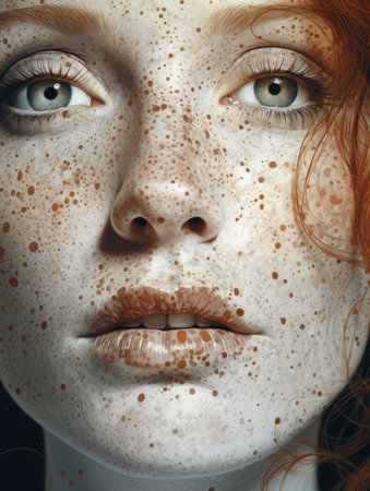 Close-up portrait of beautiful redhead girl with frecklesの素材