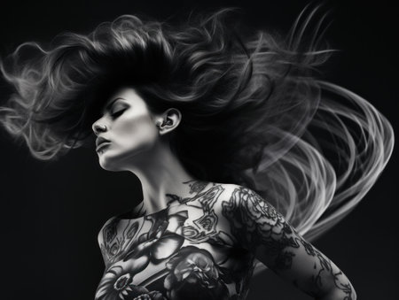 Fashion art portrait of young beautiful woman with long hair. Black and white.の素材