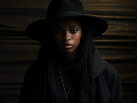 Beautiful african american woman in hat and coat over dark backgroundの素材
