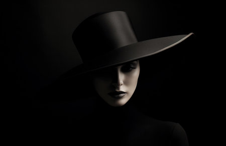 Fashion photo of a beautiful woman in a black hat on a black backgroundの素材