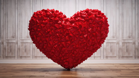 Red heart on wooden floor in room with white wall and wooden floorの素材