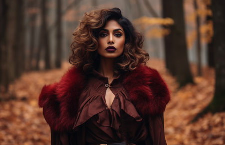 fashion outdoor photo of beautiful sensual woman with dark hair in luxurious fur coat posing in autumn forestの素材