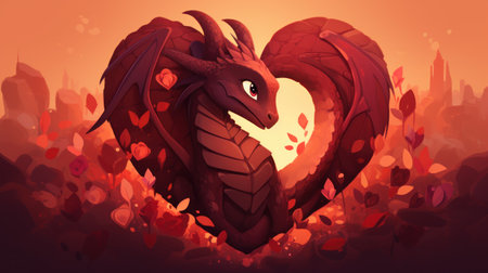 Fantasy illustration of a dragon in a heart-shaped frame.の素材