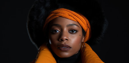 Beautiful african american woman wearing winter hat and orange jacketの素材