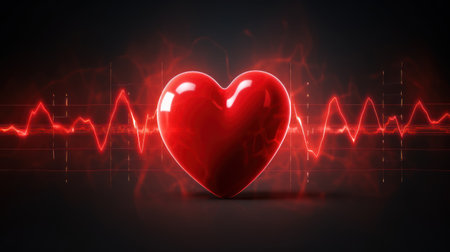 3d rendering of red heart with cardiogram on dark backgroundの素材