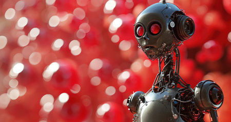 3d rendering of robot with red christmas balls in the backgroundの素材