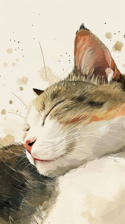 Sleeping cat. Watercolor painting on paper. Vector illustration.の素材