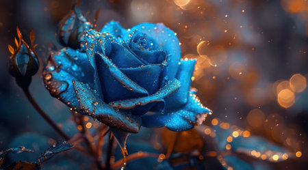 Beautiful blue rose with dew drops on a background of bokeh lightsの素材