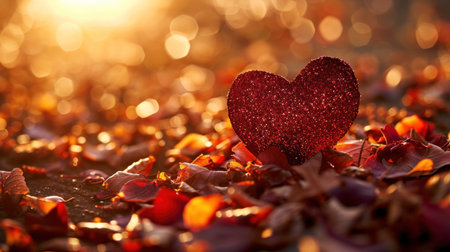 Red heart on autumn leaves. Valentine's day background. Copy space.の素材