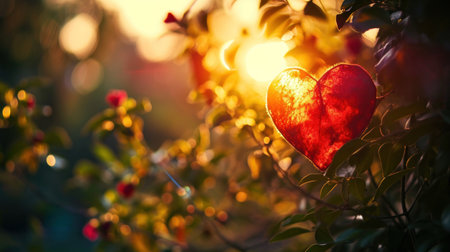 Red heart on the background of the setting sun in the garden.の素材