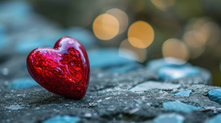 Red heart on the stone with bokeh background. Love concept.の素材
