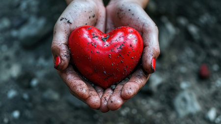 Red heart in the hands of a child. The concept of love.の素材
