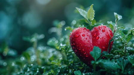 Red heart with water drops on green grass background. Valentines day conceptの素材