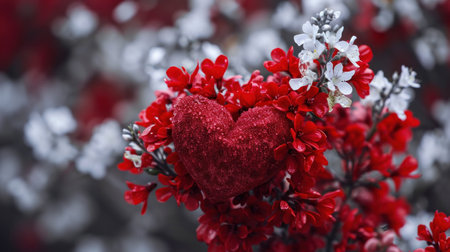 Red heart on a branch of a tree with white and red flowersの素材