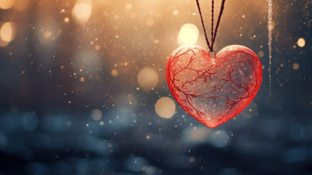 Red heart hanging on rope with bokeh background. Valentine's day conceptの素材