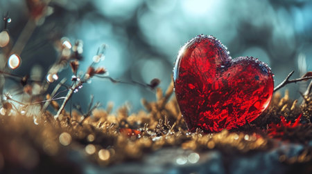 Red heart on moss with bokeh background. Valentines day conceptの素材