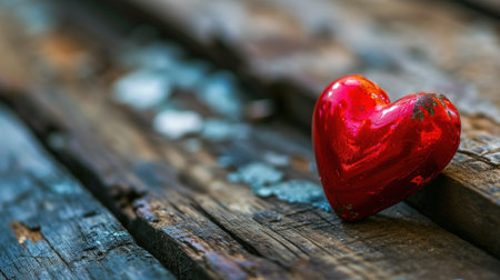 Red heart on a wooden background. Valentine's Day. Selective focus.の素材