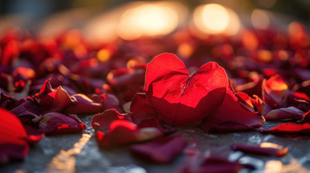 Red rose petals on the ground in the light of a candle.の素材