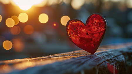 Red heart on a wooden bridge in the rays of the setting sunの素材