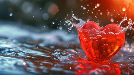 Red heart in water with bokeh background. Love concept.の素材