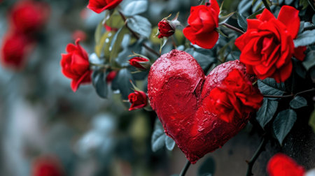 Red heart-shaped rose in the garden. Valentines day backgroundの素材