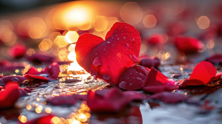 Red rose petals in water with bokeh background, valentines dayの素材