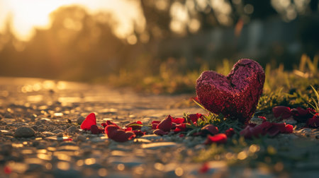 Red heart on the ground with red rose petals and sunlight.の素材