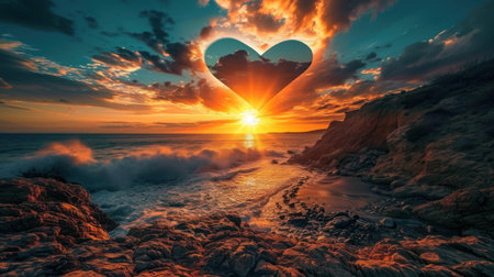Heart shaped balloon in the sea at sunset. 3D Renderingの素材