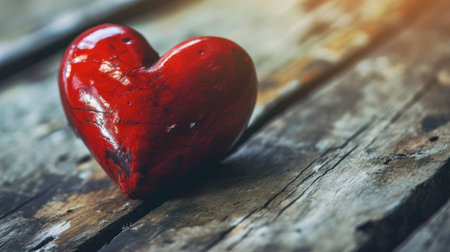 Red heart on a wooden background. Valentine's Day concept. Copy space.の素材