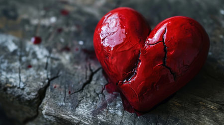 a close up of a broken red heart on a piece of wood with paint splattered all over it. .の素材