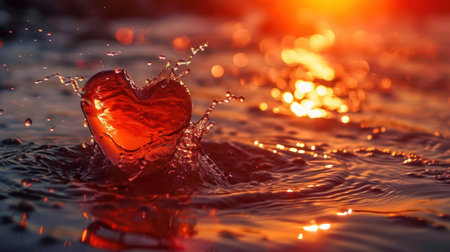 Red heart on water surface with sun rays and bokeh.の素材