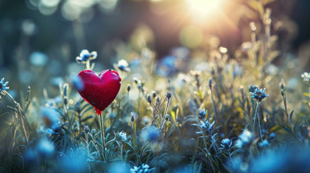 Heart in the meadow with flowers. Valentine's day background.の素材