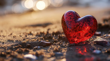 Valentine's day background with red glass heart on the beachの素材