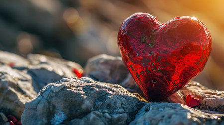Red heart on the stone. Valentine's day background. Love concept.の素材