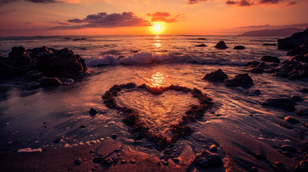 Beautiful seascape with heart shape on the beach at sunsetの素材