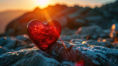 Red heart on the rock in the rays of the setting sun. The concept of love and romance.の素材